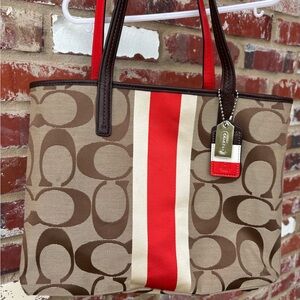Coach Brown and Red Signature Tote Bag